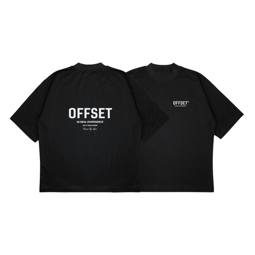 Global Divergence T-Shirt in black with a white OFFSET chest print, front and back