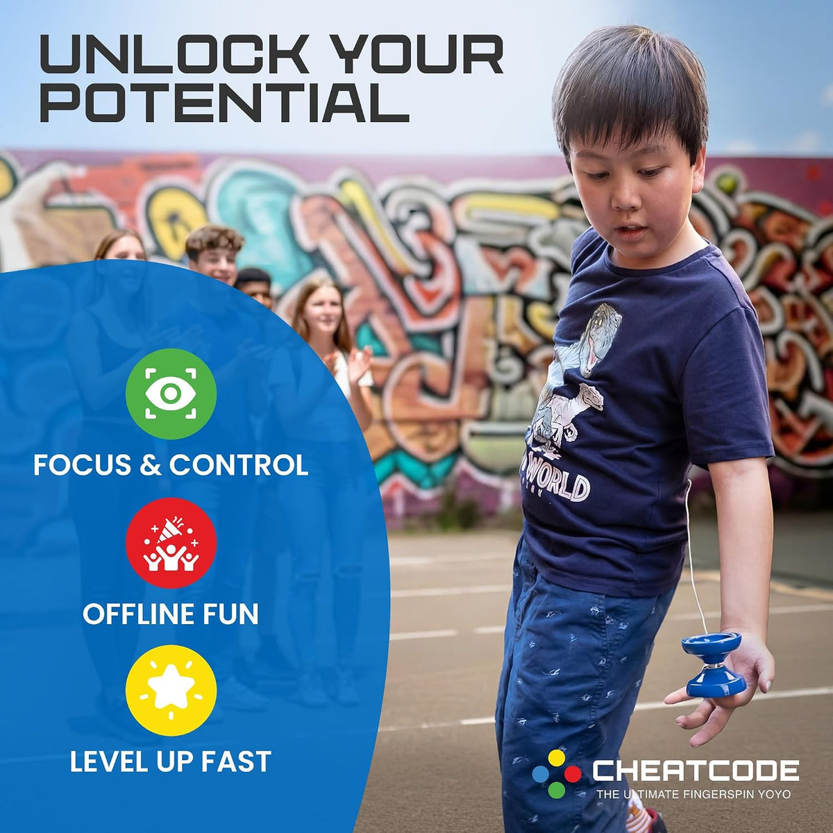 Boy playing a blue Plastic Cheatcode outdoors: focus and control, offline fun, level up fast