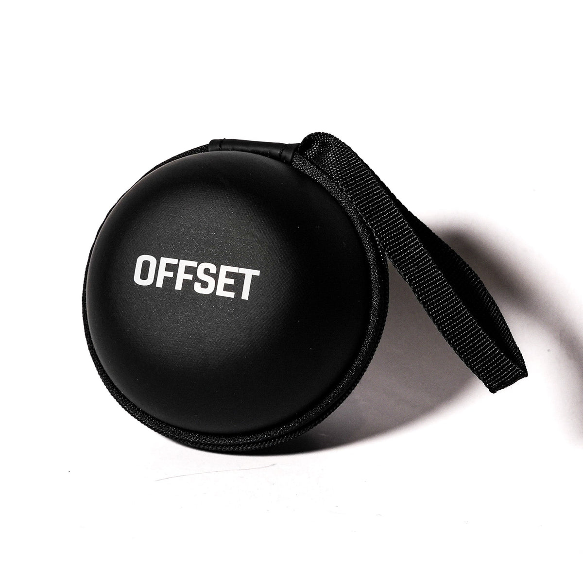 Black OFFSET Small Hard Case closed, showing the printed logo and wrist strap