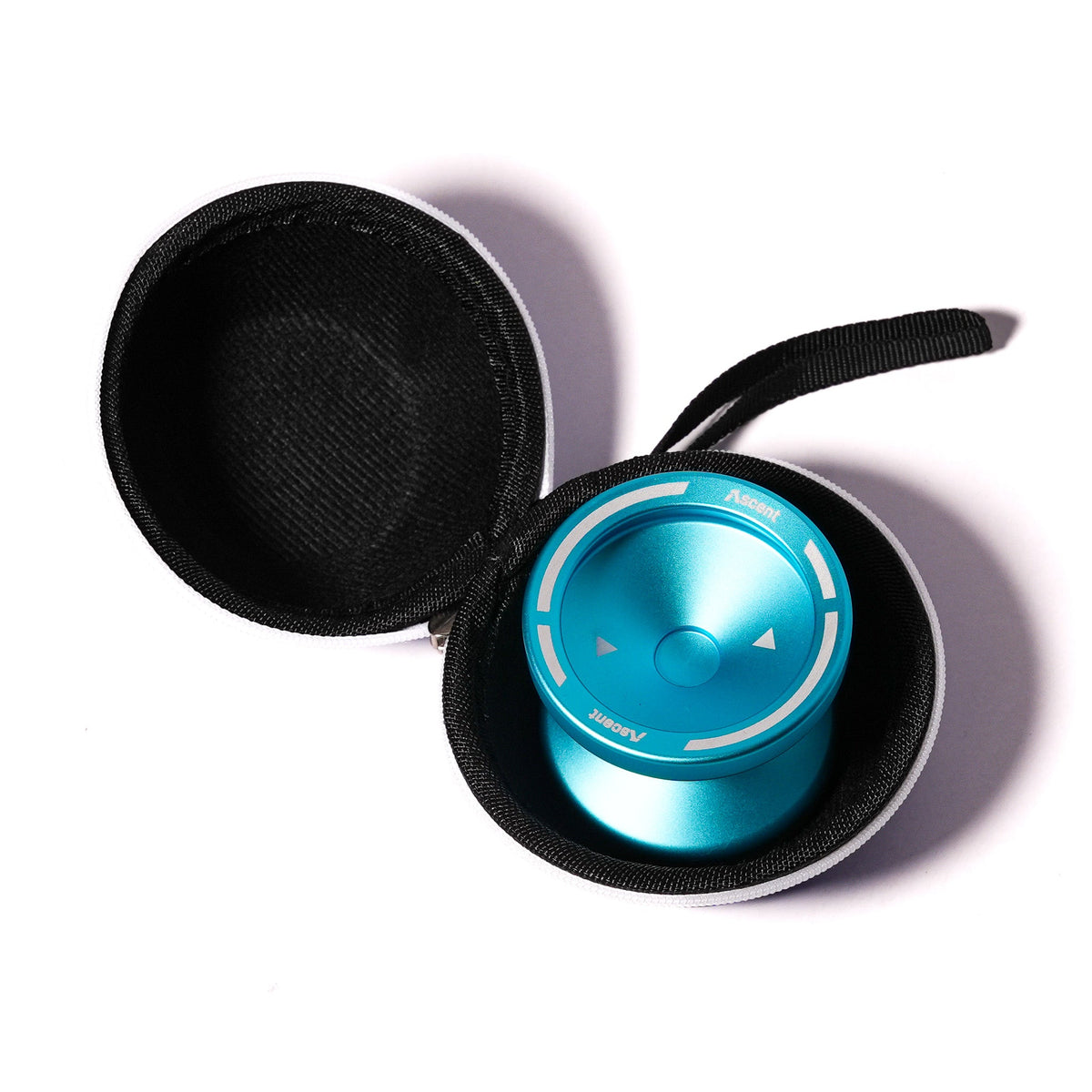 Black OFFSET Small Hard Case open with an aqua metal yoyo inside