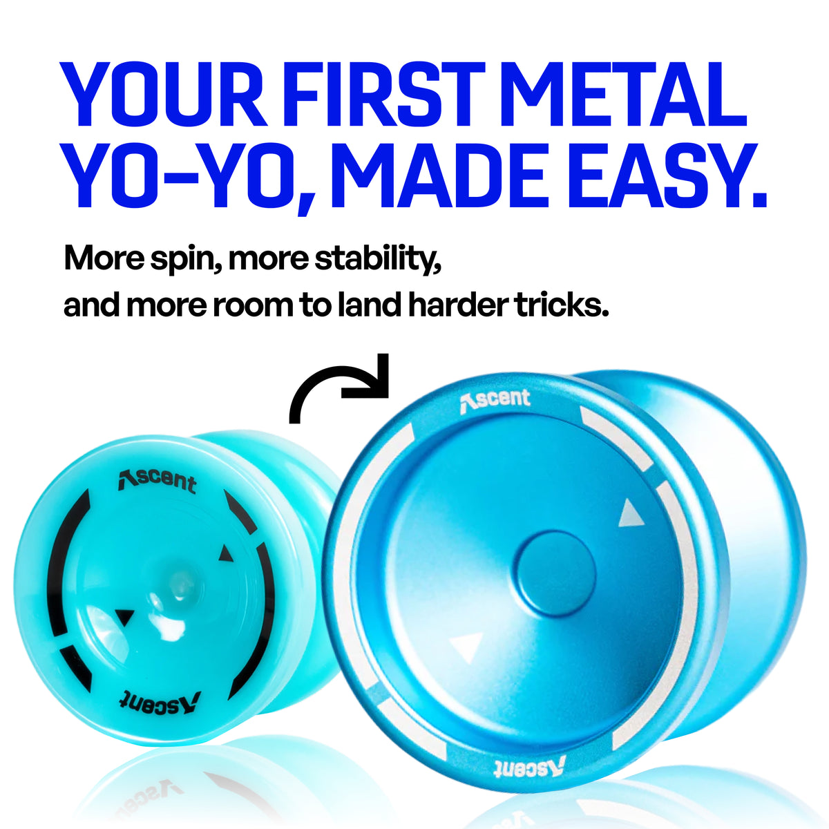 Metal Ascent yoyo in Aqua next to the plastic Ascent, your first metal yoyo made easy