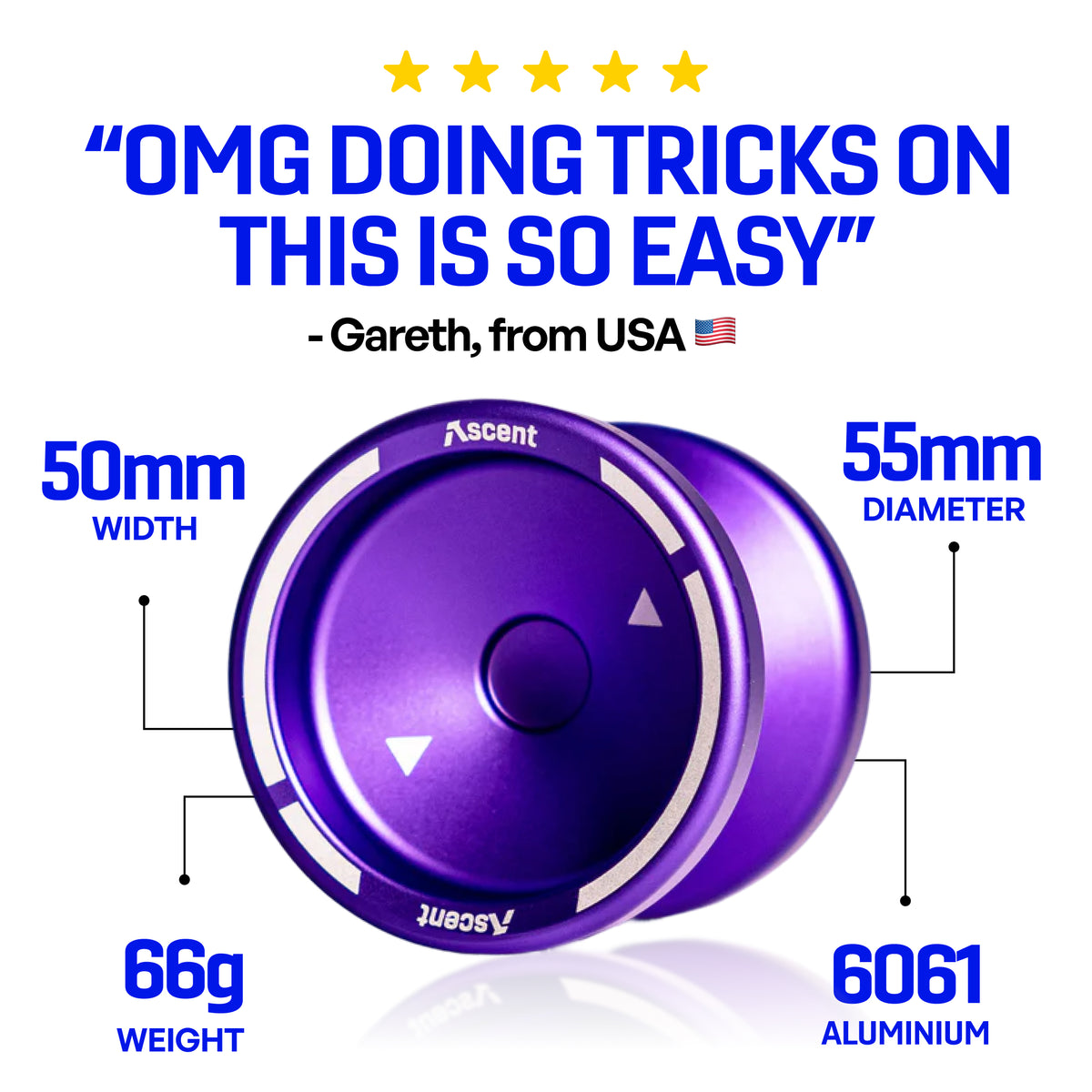 Metal Ascent yoyo specs: 55mm diameter, 50mm width, 66g, 6061 aluminium, five star review
