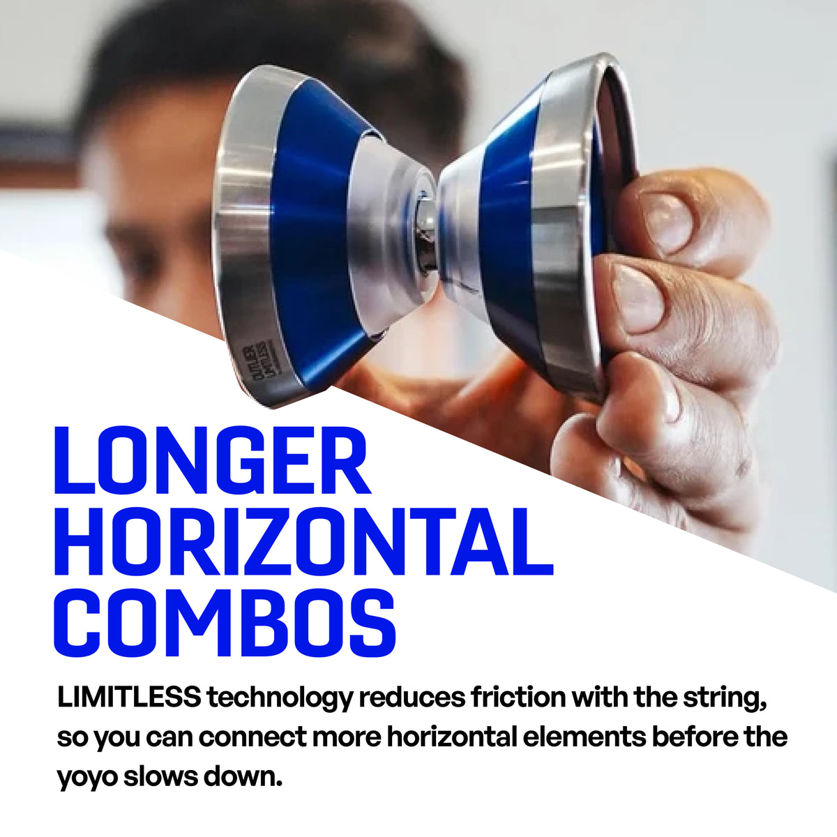 OUTLIER LIMITLESS yoyo held sideways, LIMITLESS hub cuts string friction for longer horizontal combos