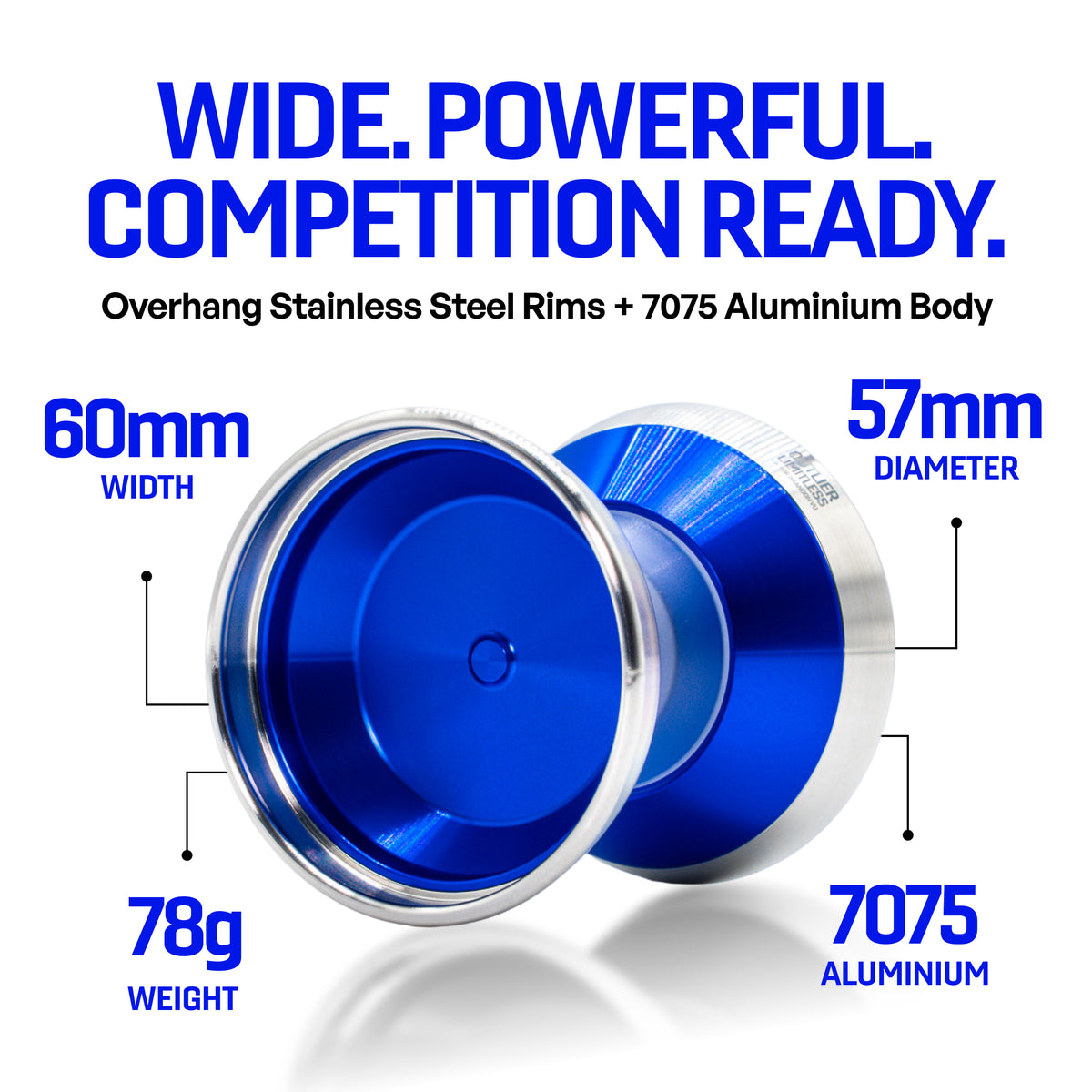OUTLIER LIMITLESS yoyo specs: 57mm diameter, 60mm width, 78g, 7075 aluminium with stainless steel rims