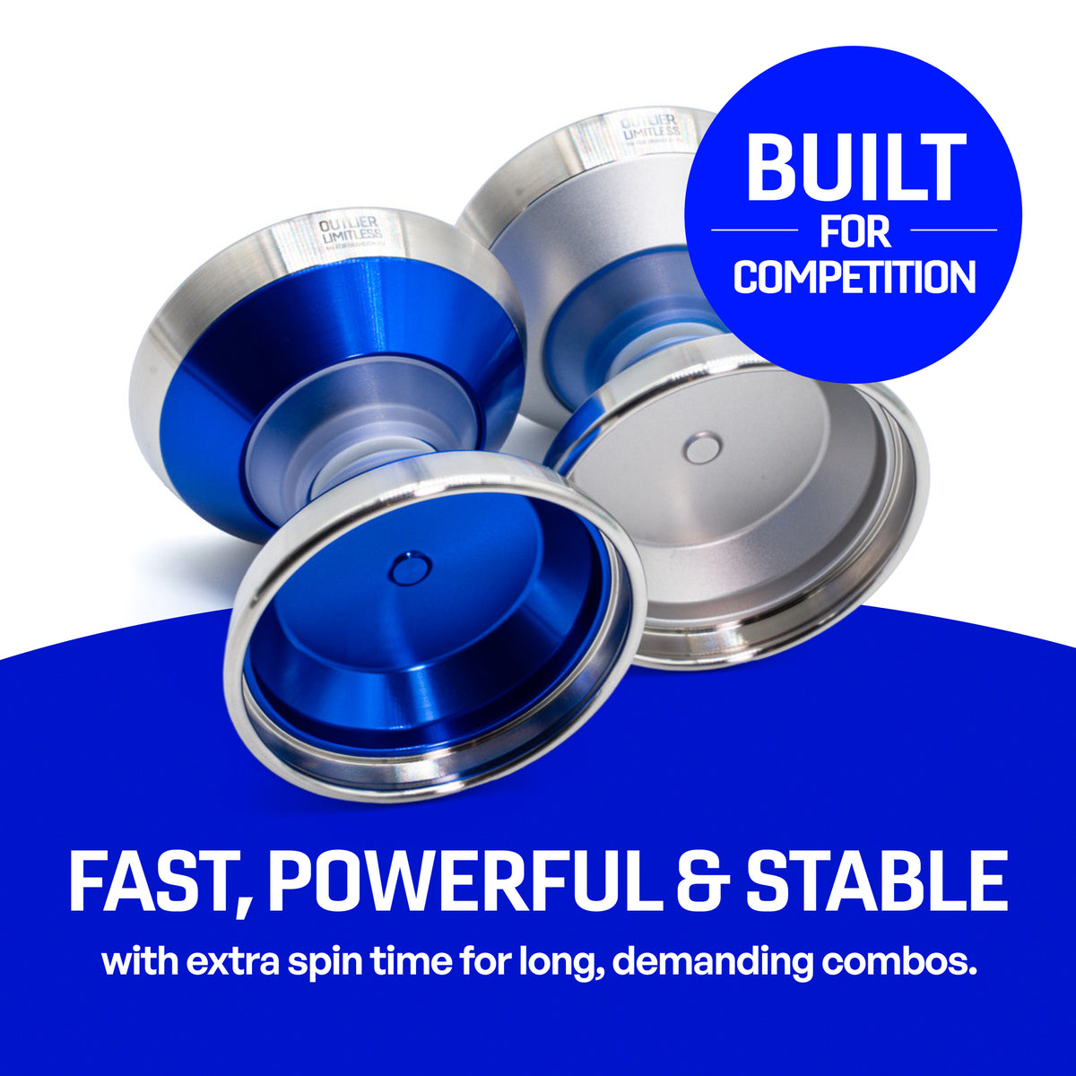 Three OUTLIER LIMITLESS yoyos built for competition, fast, powerful and stable with long spin time