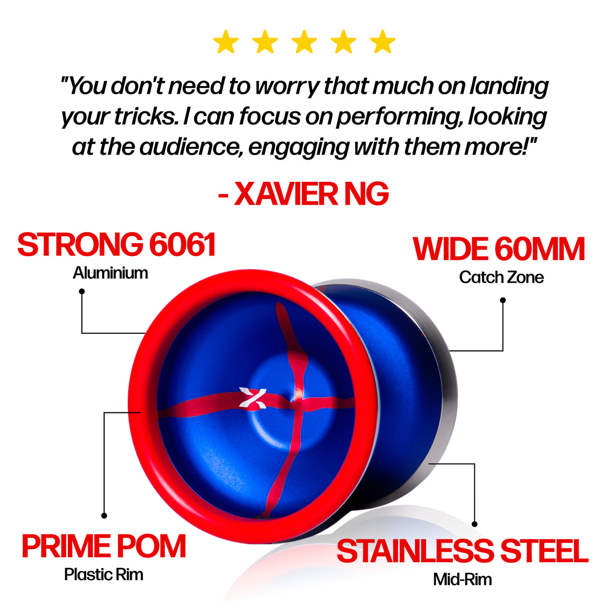 XENON PRIME yoyo specs: 6061 aluminium, 60mm wide catch zone, PRIME plastic rims and stainless steel mid-rim