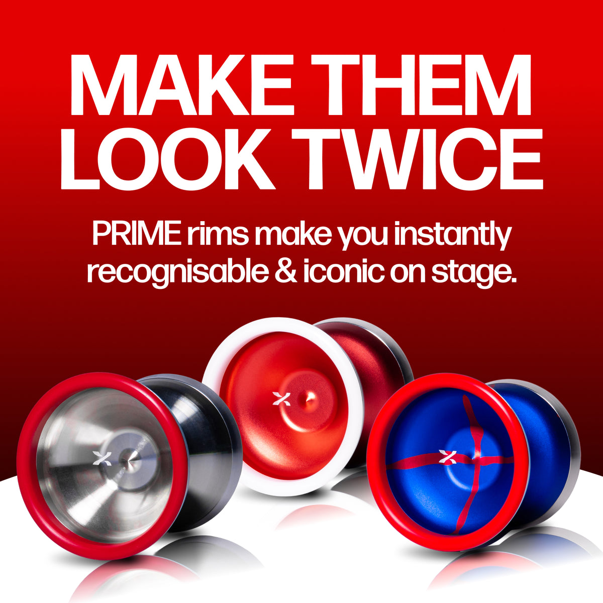 XENON PRIME yoyos in Titanium Styling, Xavier Red and Prime Blue, PRIME rims stand out on stage