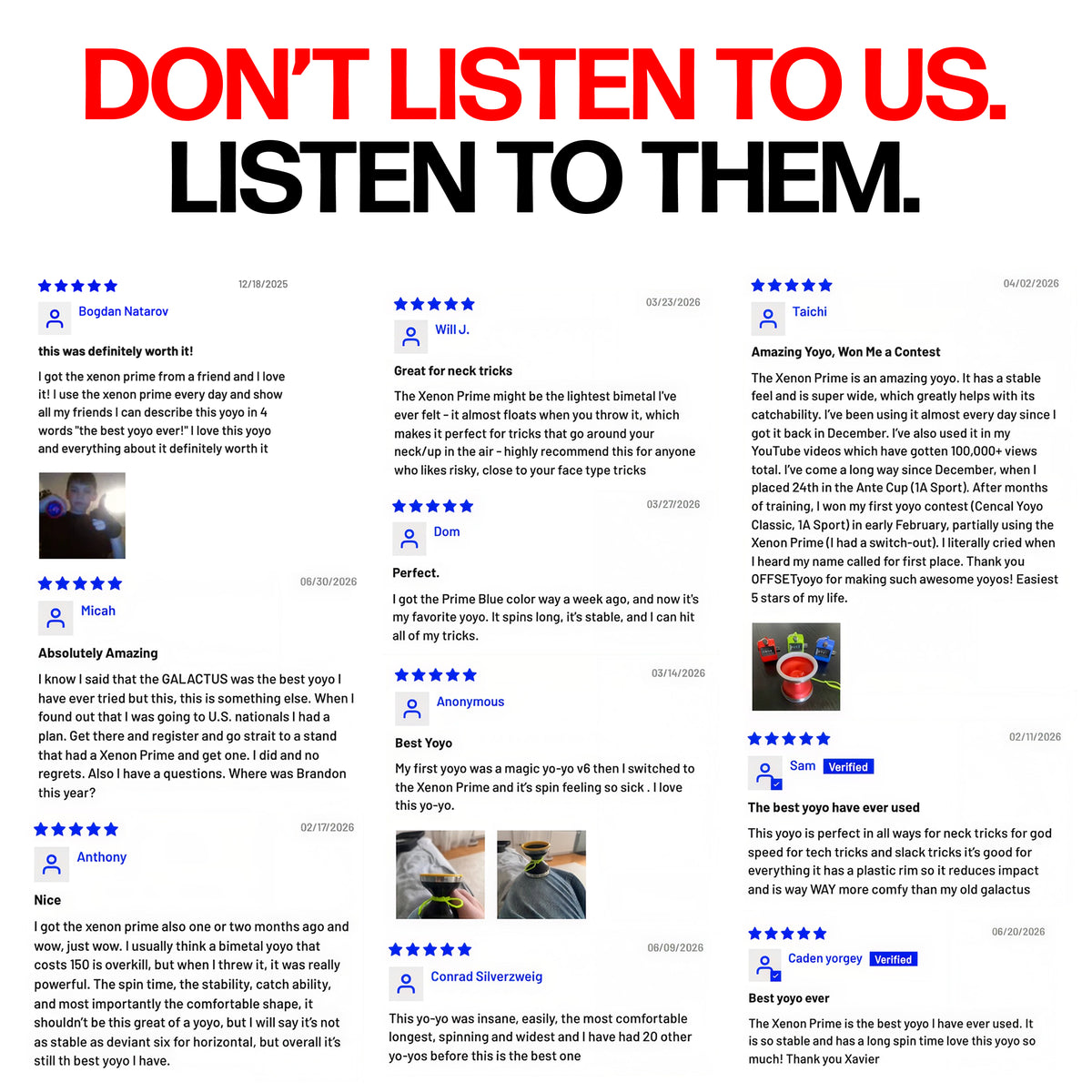 Five star customer reviews for the XENON PRIME yoyo