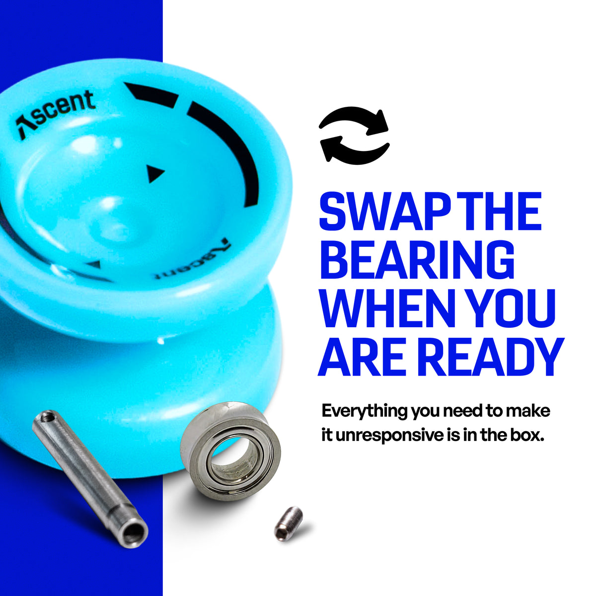 Ascent yoyo beside its spare bearing and remover tool, for switching to unresponsive play
