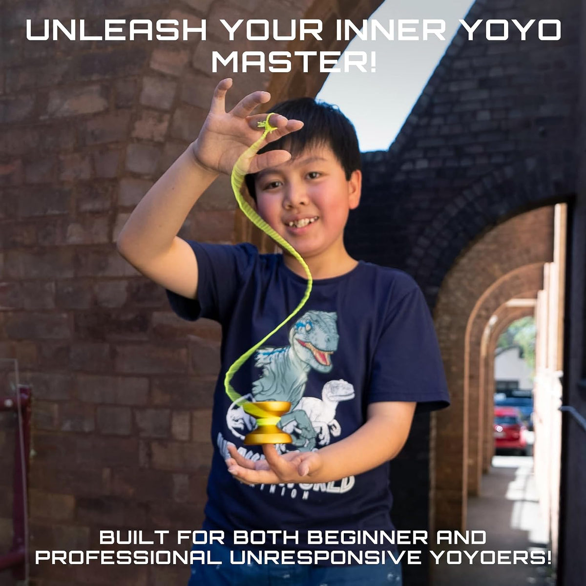 Young yoyo player doing a trick with a gold CHEATCODE, built for beginners and pros [hover]