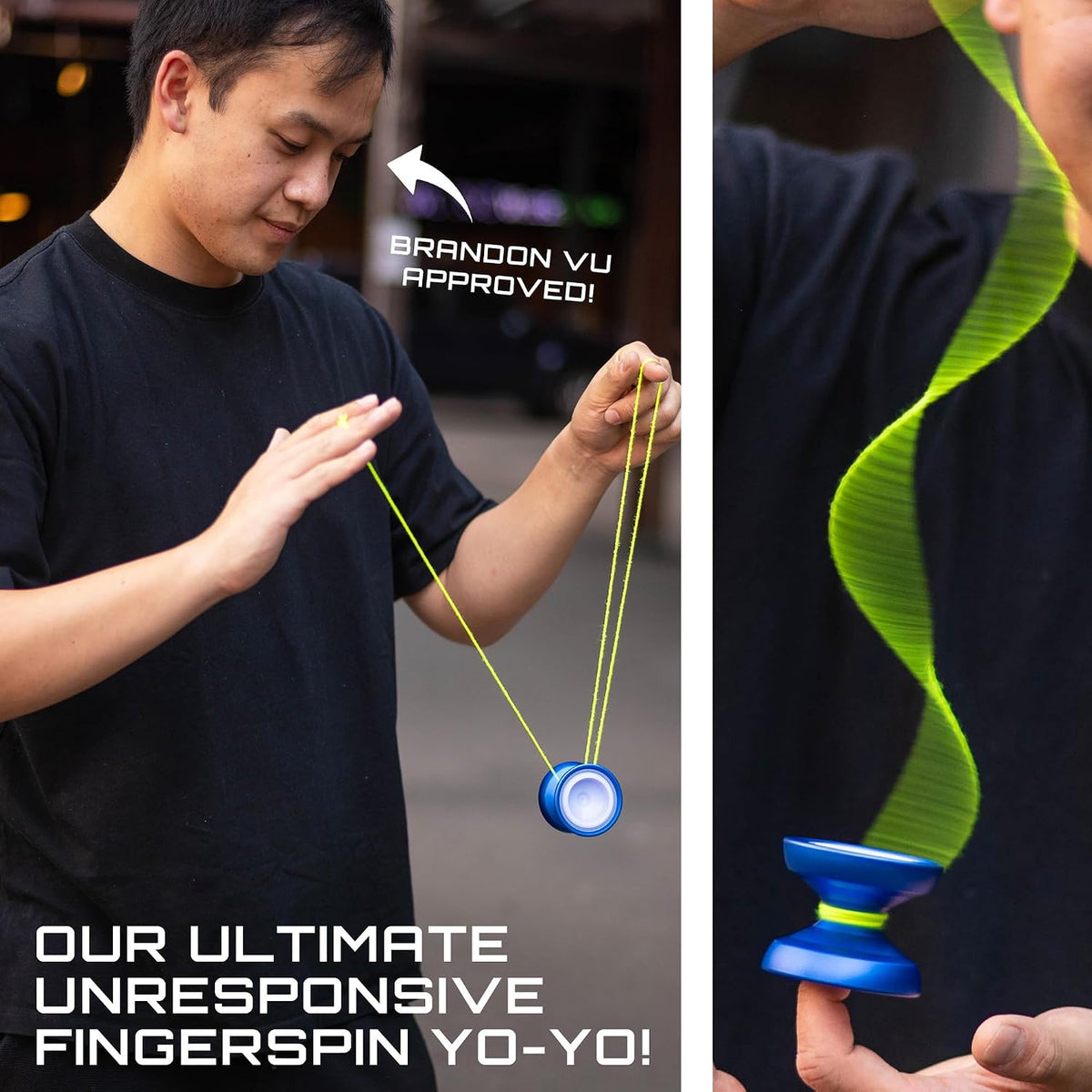 Brandon Vu playing a blue CHEATCODE, the unresponsive fingerspin yoyo he approved