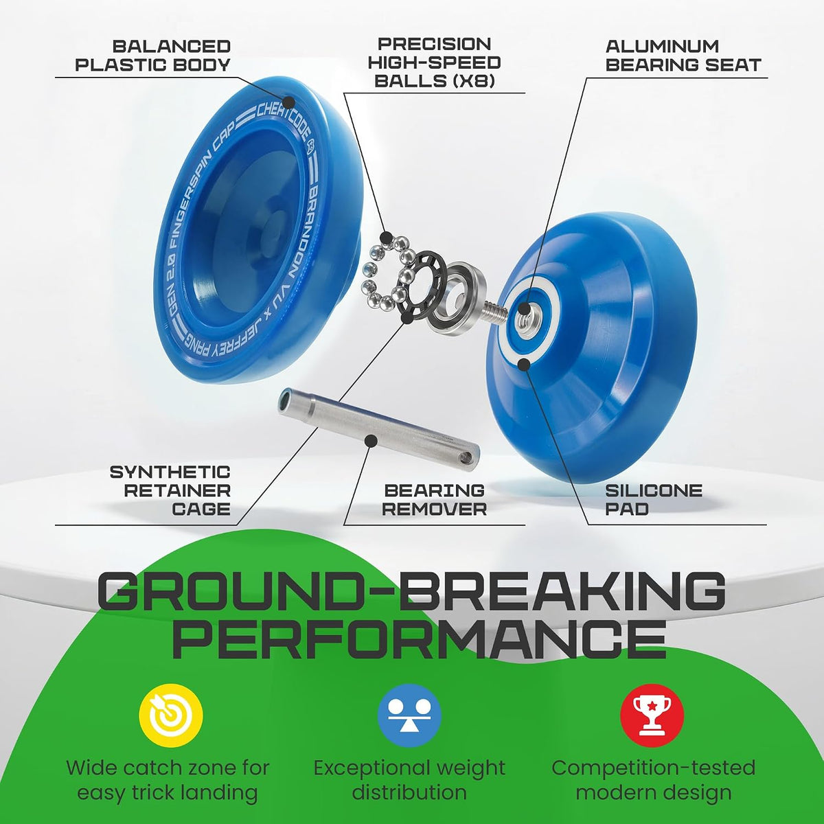 Plastic Cheatcode parts: balanced plastic body, aluminium bearing seat, silicone pad, bearing remover