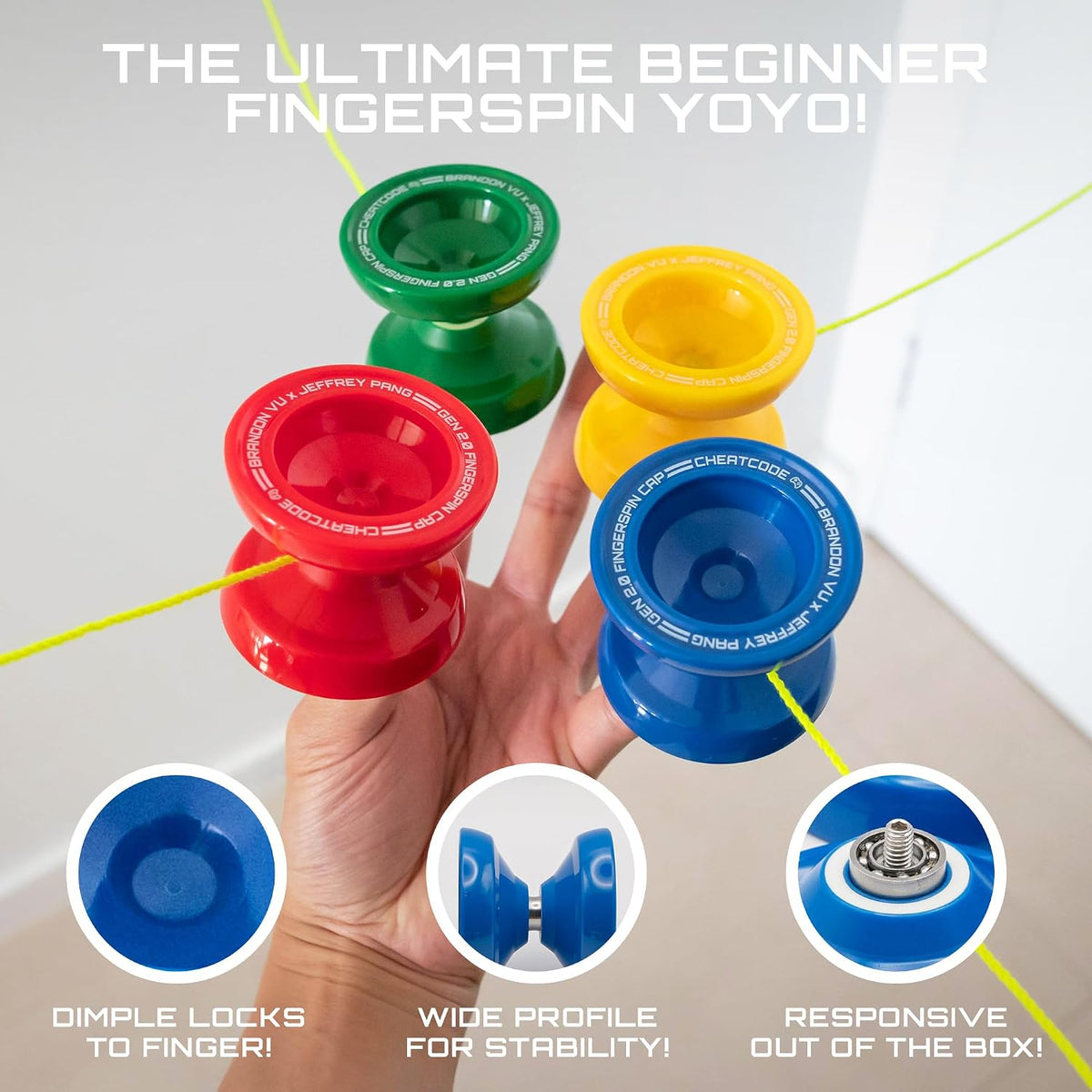 Blue, red, green and yellow Plastic Cheatcode yoyos, the beginner fingerspin yoyo