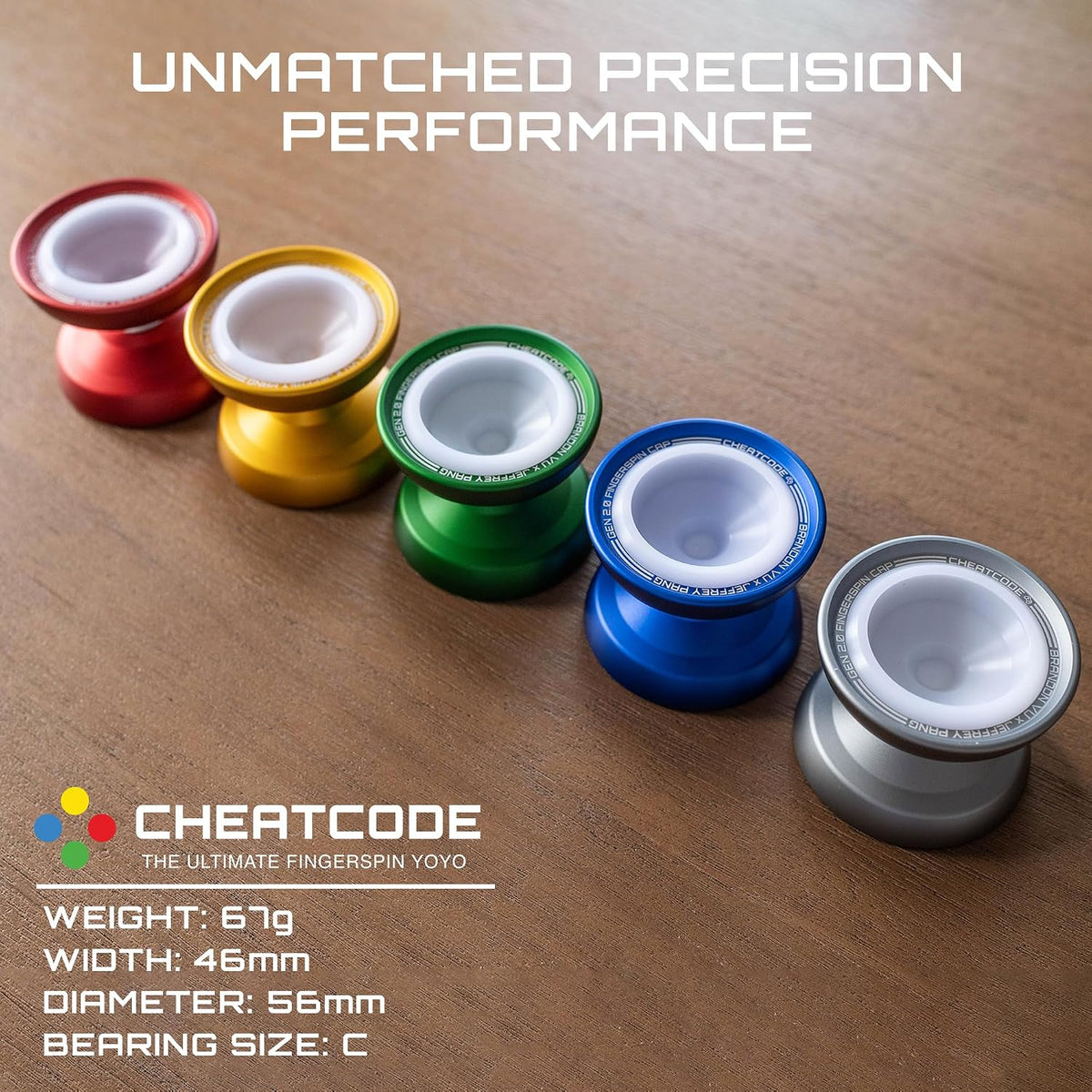 CHEATCODE yoyo specs: 67g weight, 46mm width, 56mm diameter, size C bearing