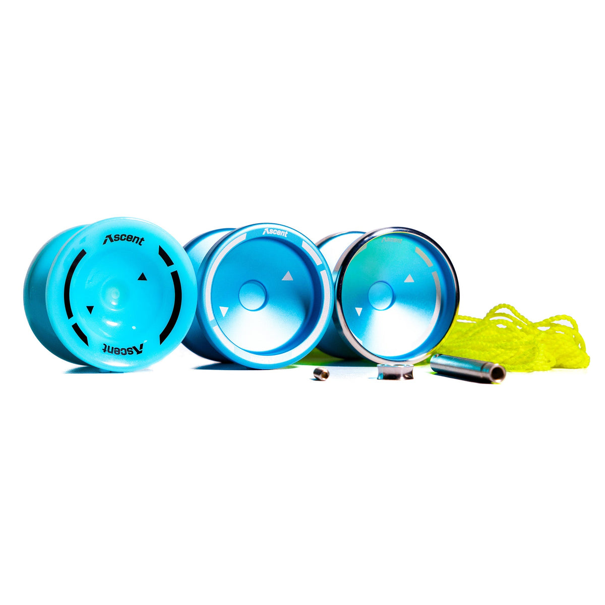 Learn to Yo-Yo in 90 Days kit lined up with all three Aqua Ascent yoyos and spare string [hover]