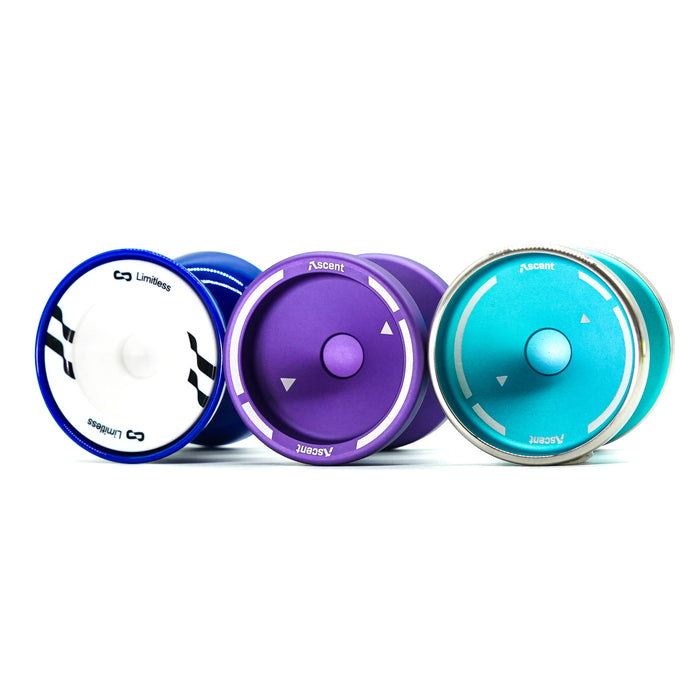 Learn DNA Fingerspin Pack showing the Limitless, Bi-Metal Ascent and Metal Ascent yoyos together
