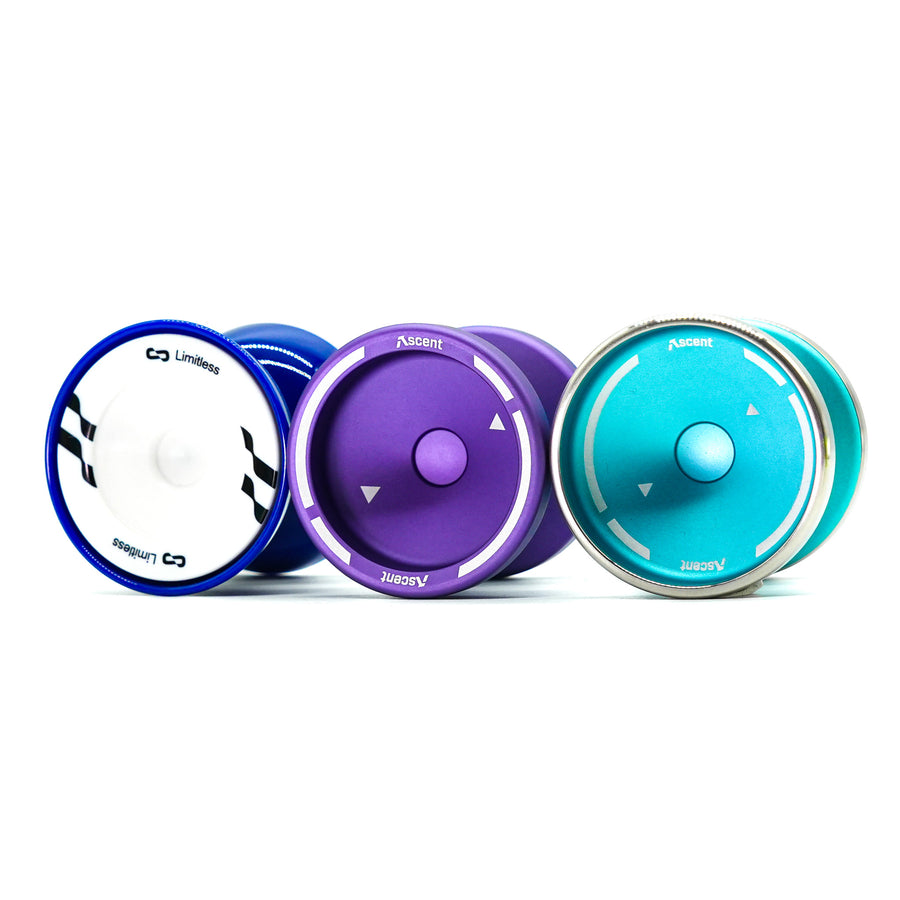 Learn DNA Fingerspin Pack showing the Limitless, Bi-Metal Ascent and Metal Ascent yoyos together
