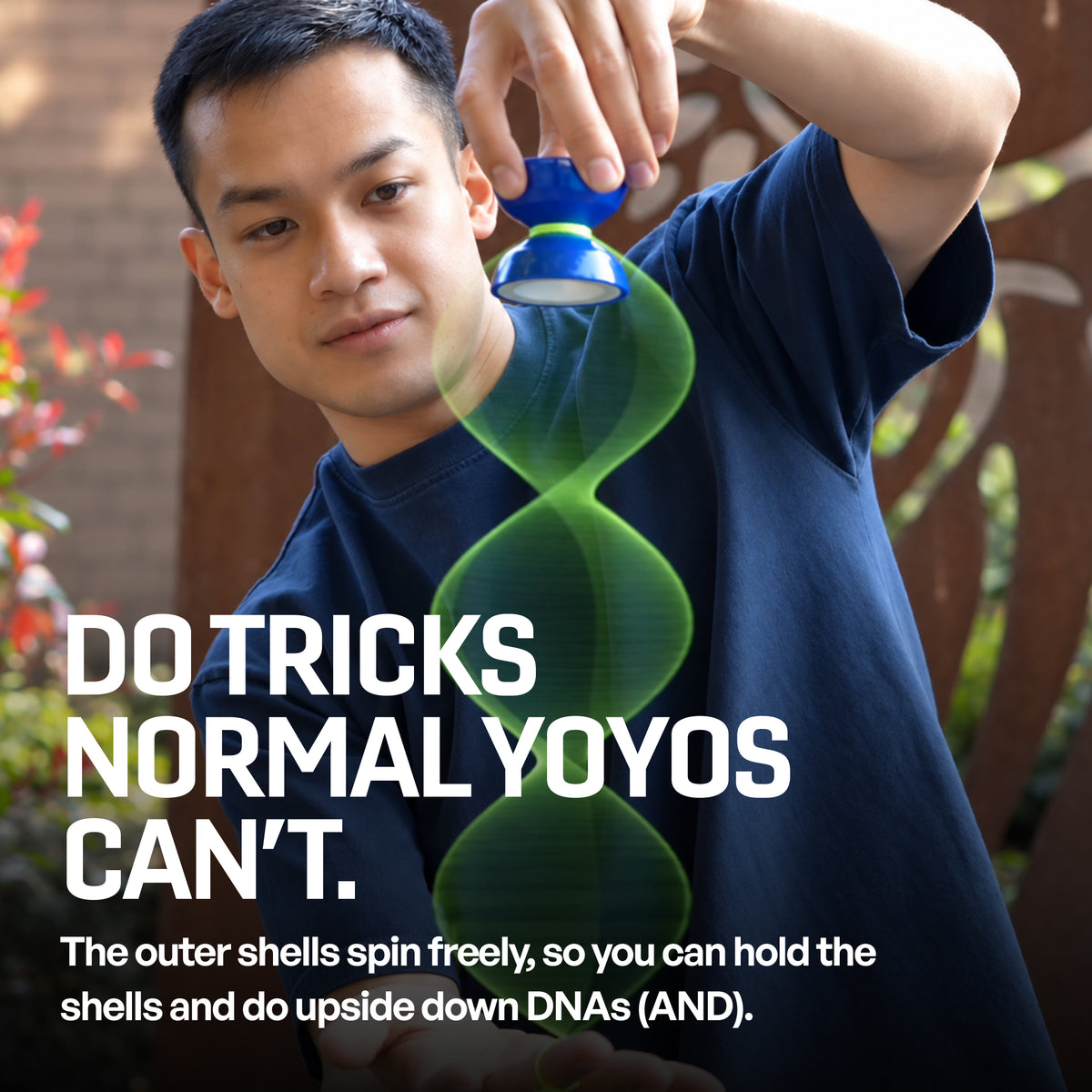 Limitless yoyo in Turbo Blue doing an upside down DNA, the outer shells spin freely