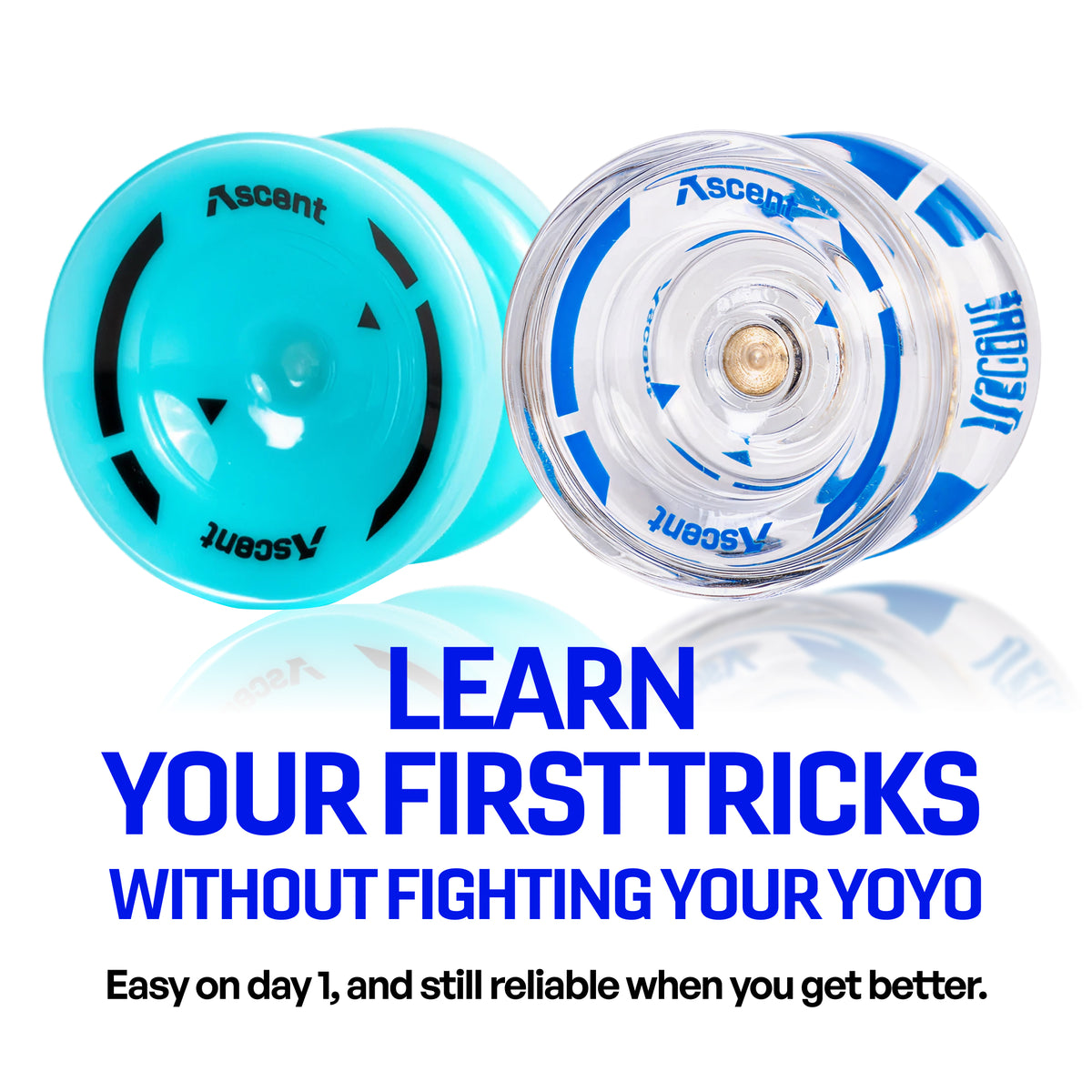 Teal and clear Ascent yoyos, the beginner yoyo made for learning your first tricks [hover]