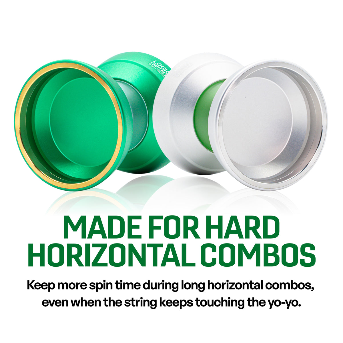 LOGIC LIMITLESS yoyo in Allon Green and Blasted Silver, made for hard horizontal combos