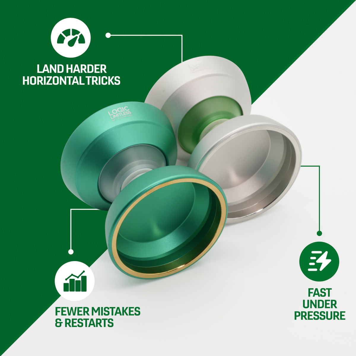 LOGIC LIMITLESS yoyo in green and silver, lands harder horizontal tricks with fewer restarts