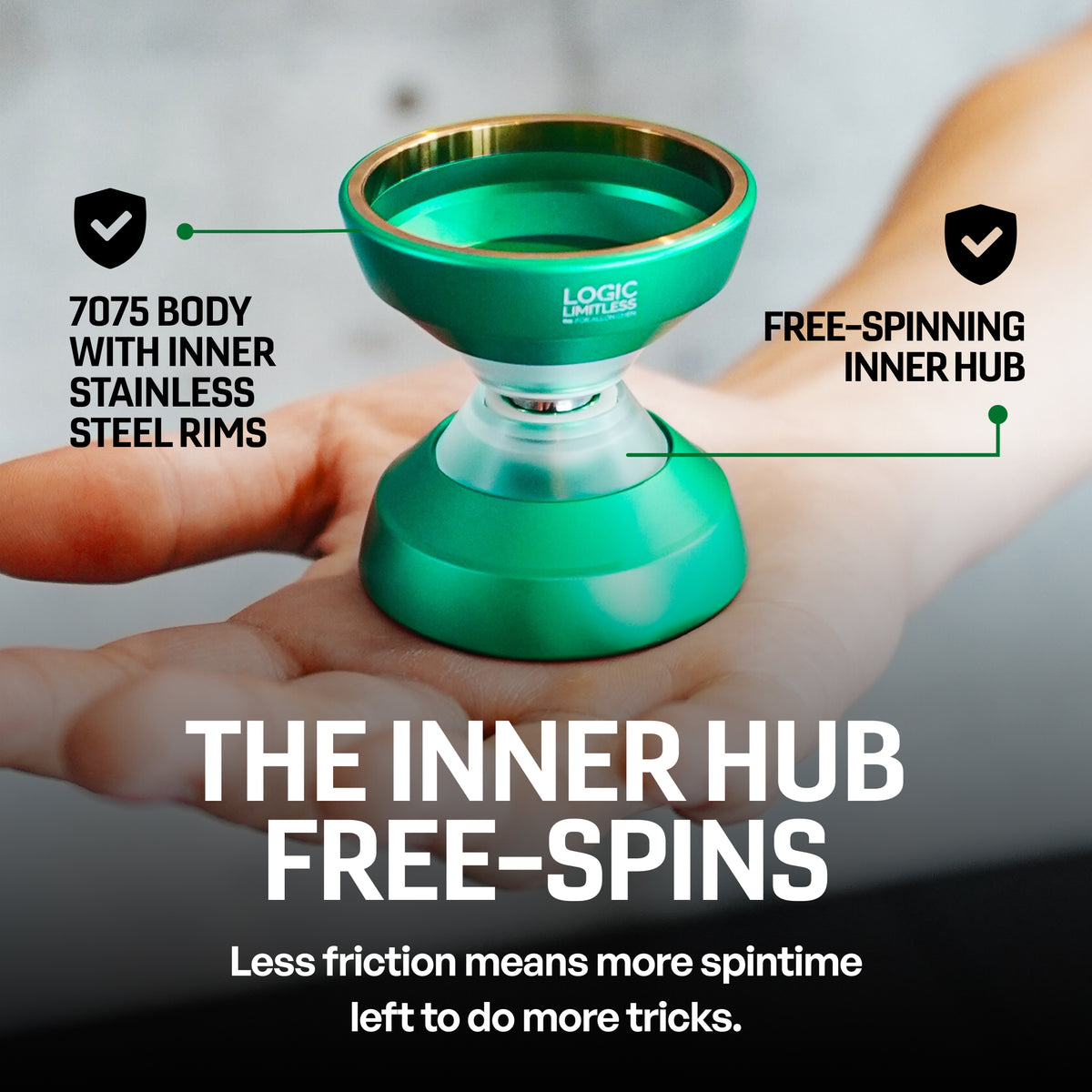 LOGIC LIMITLESS yoyo in hand, 7075 body with inner stainless steel rims and a free-spinning hub