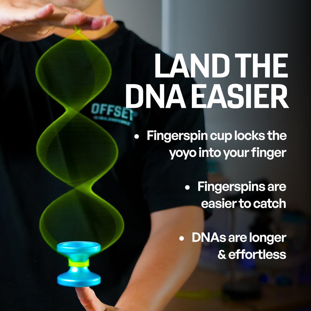 Metal Ascent yoyo doing a DNA fingerspin, the fingerspin cup locks it onto your finger [hover]