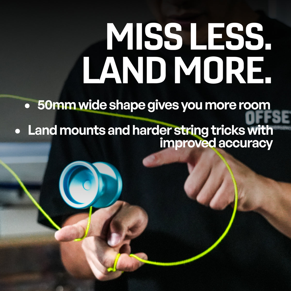 Metal Ascent yoyo in Aqua landing a string mount, 50mm wide shape gives more room to land tricks