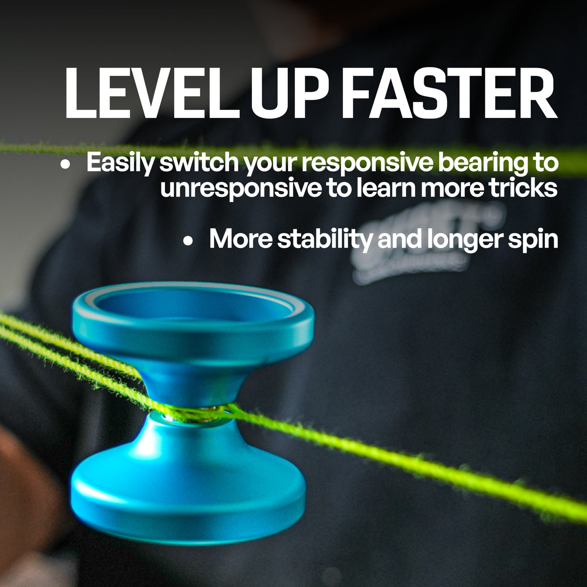 Metal Ascent yoyo in Aqua on a string, swap the responsive bearing to unresponsive to learn more tricks