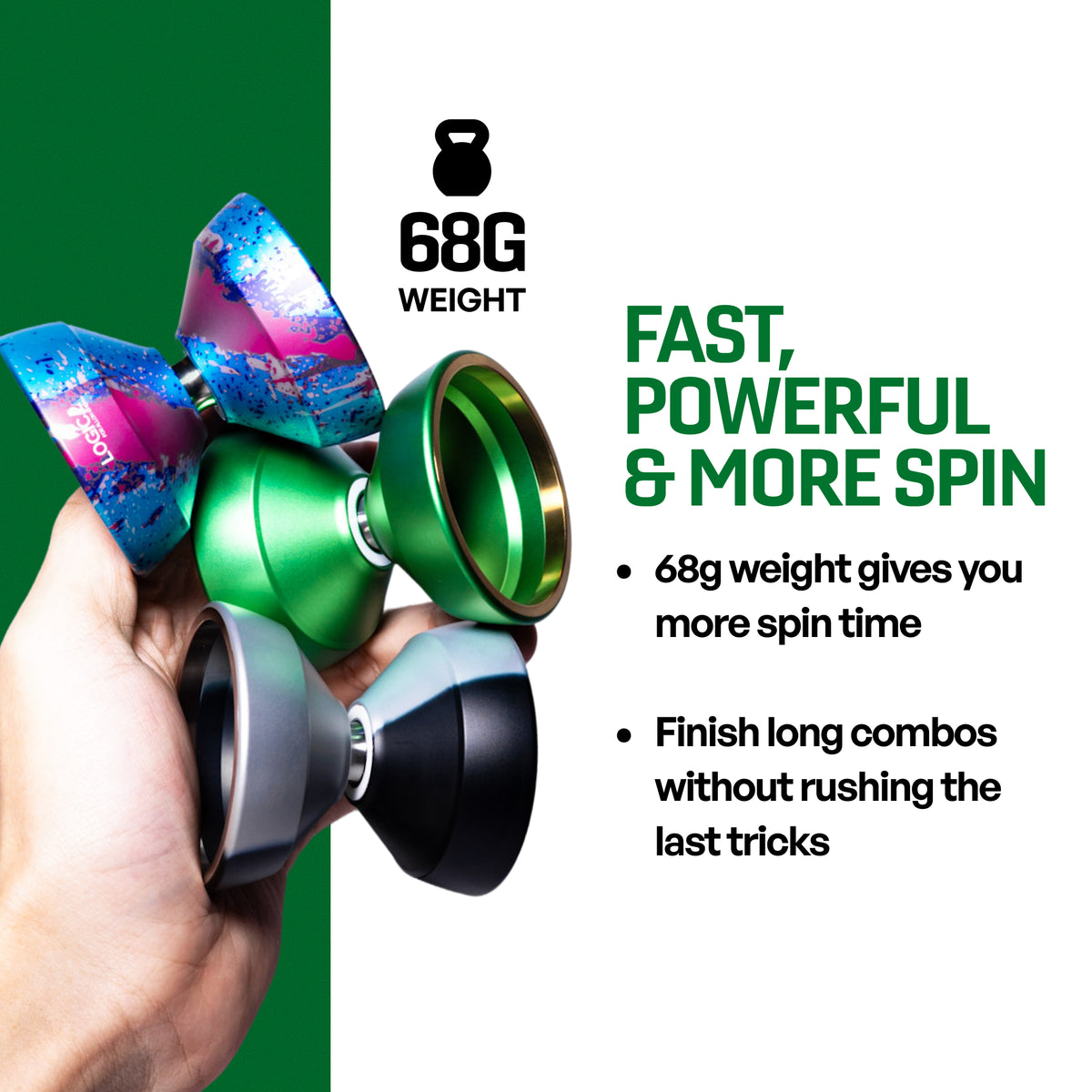LOGIC 2 yoyos in hand, 68g weight for fast powerful play and more spin time