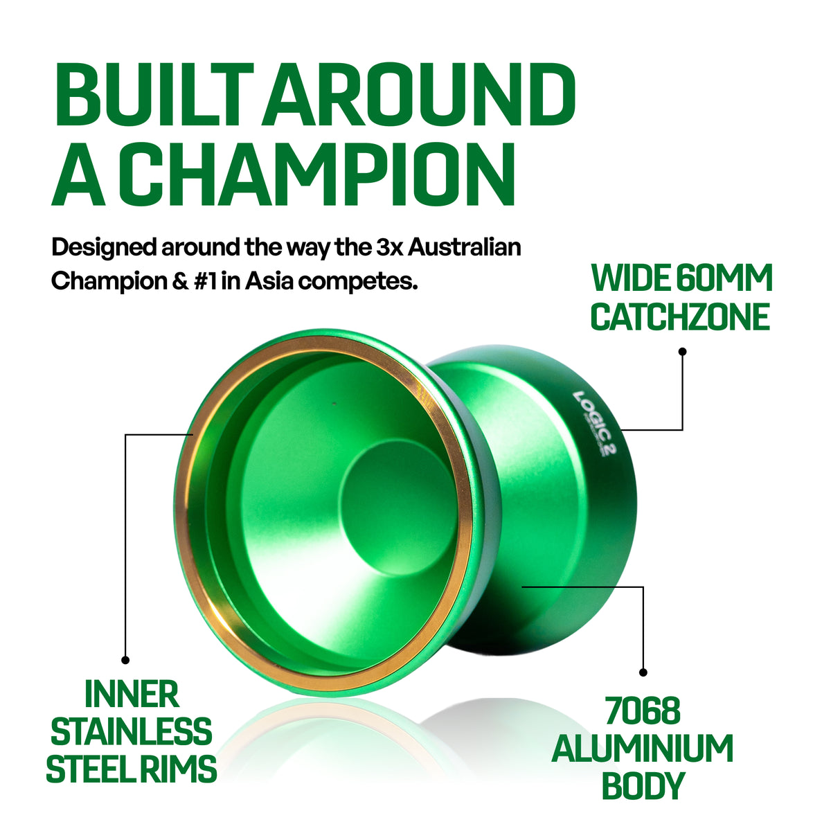 LOGIC 2 yoyo in Allon Green, 7068 aluminium body with inner stainless steel rims and a 60mm catch zone