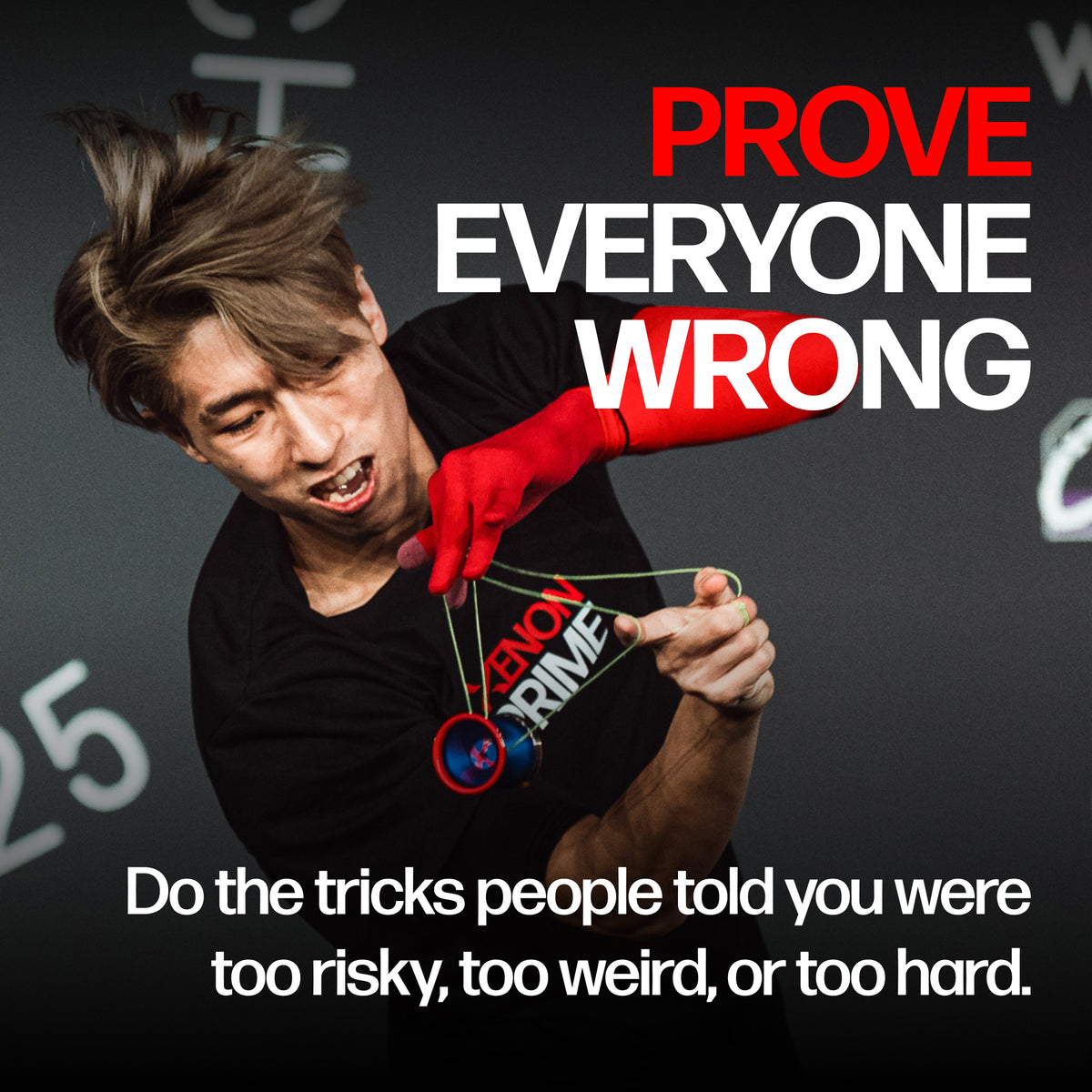 Xavier Ng doing a risky trick with the XENON PRIME yoyo on stage