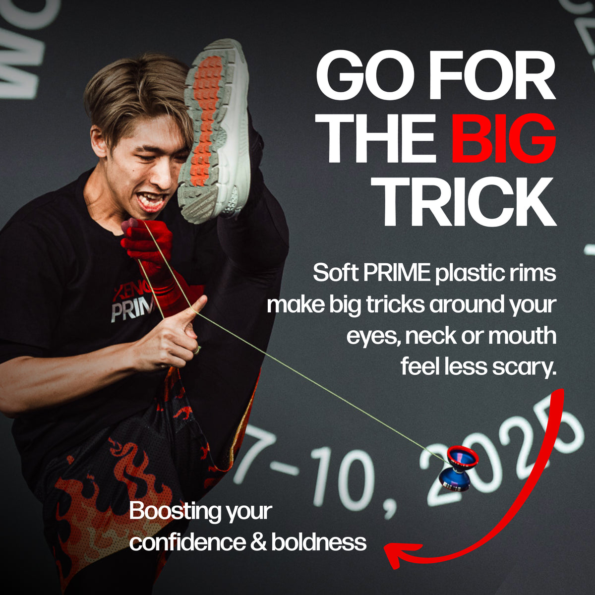 Xavier Ng doing a big trick around his face with the XENON PRIME, soft PRIME plastic rims feel less scary
