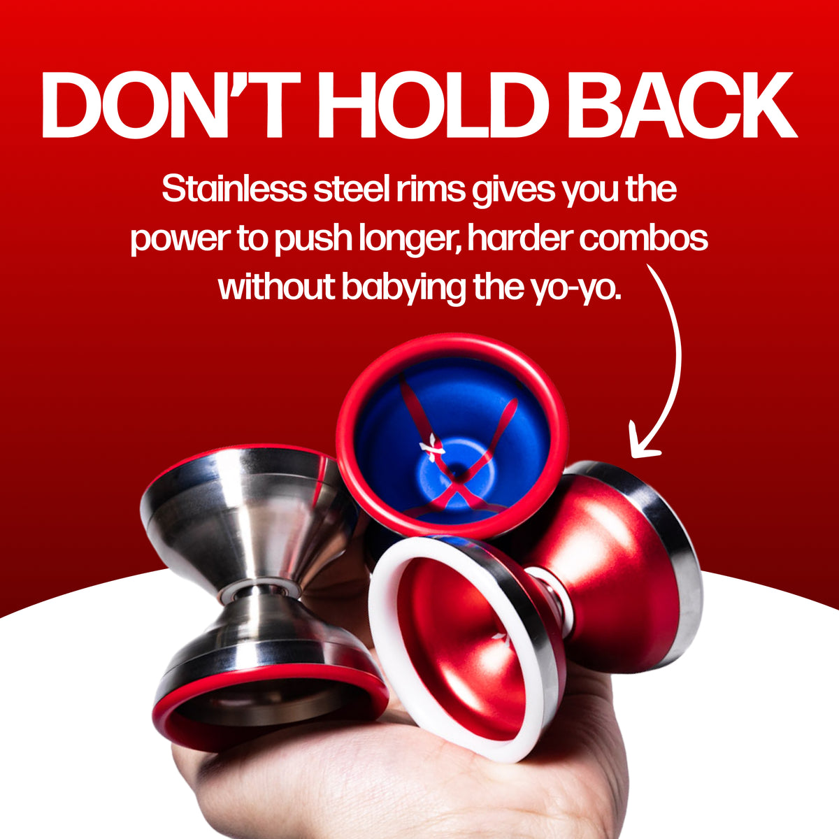 XENON PRIME yoyos in hand, stainless steel rims give the power for longer harder combos
