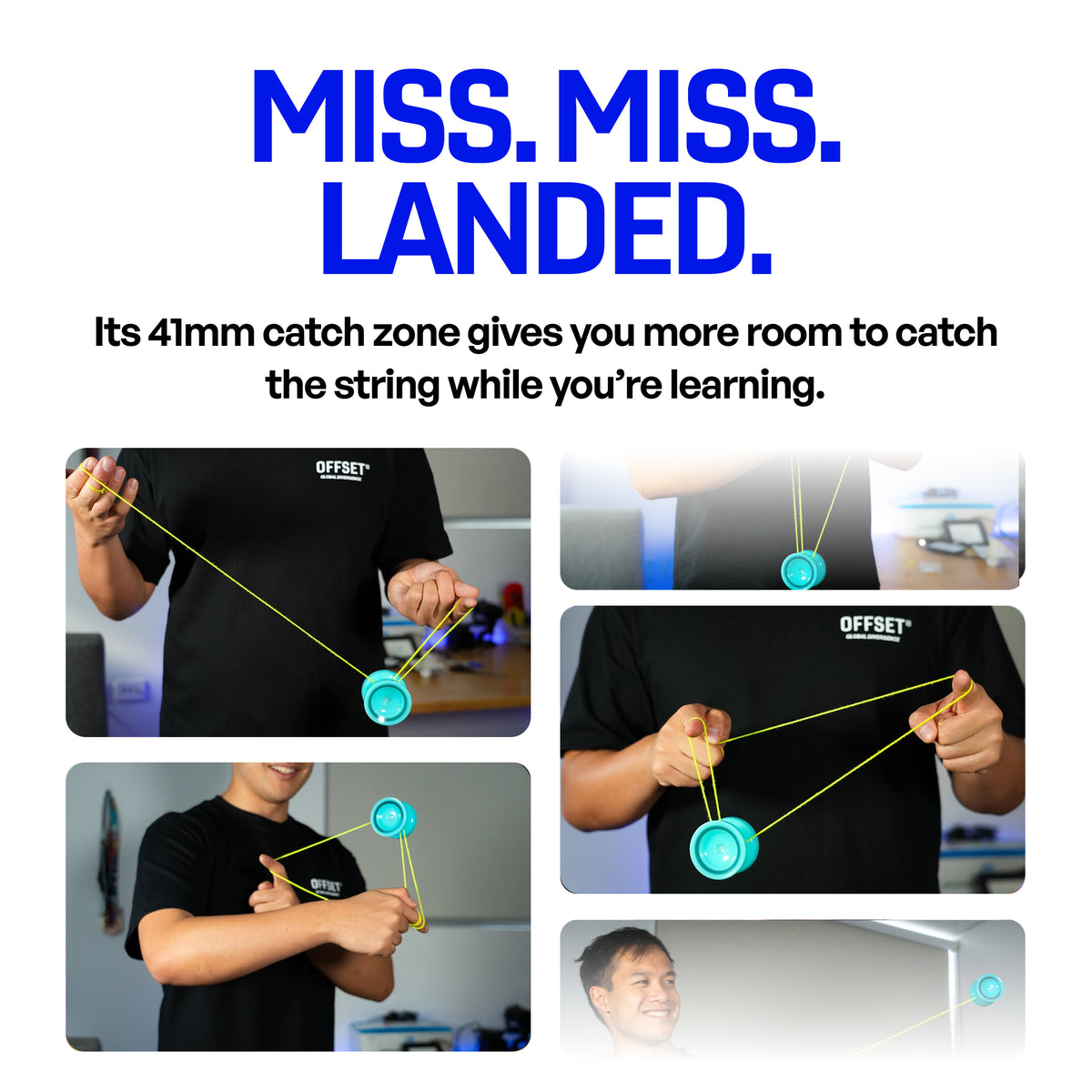 Catching an Ascent yoyo on the string, the 41mm catch zone giving more room to land tricks