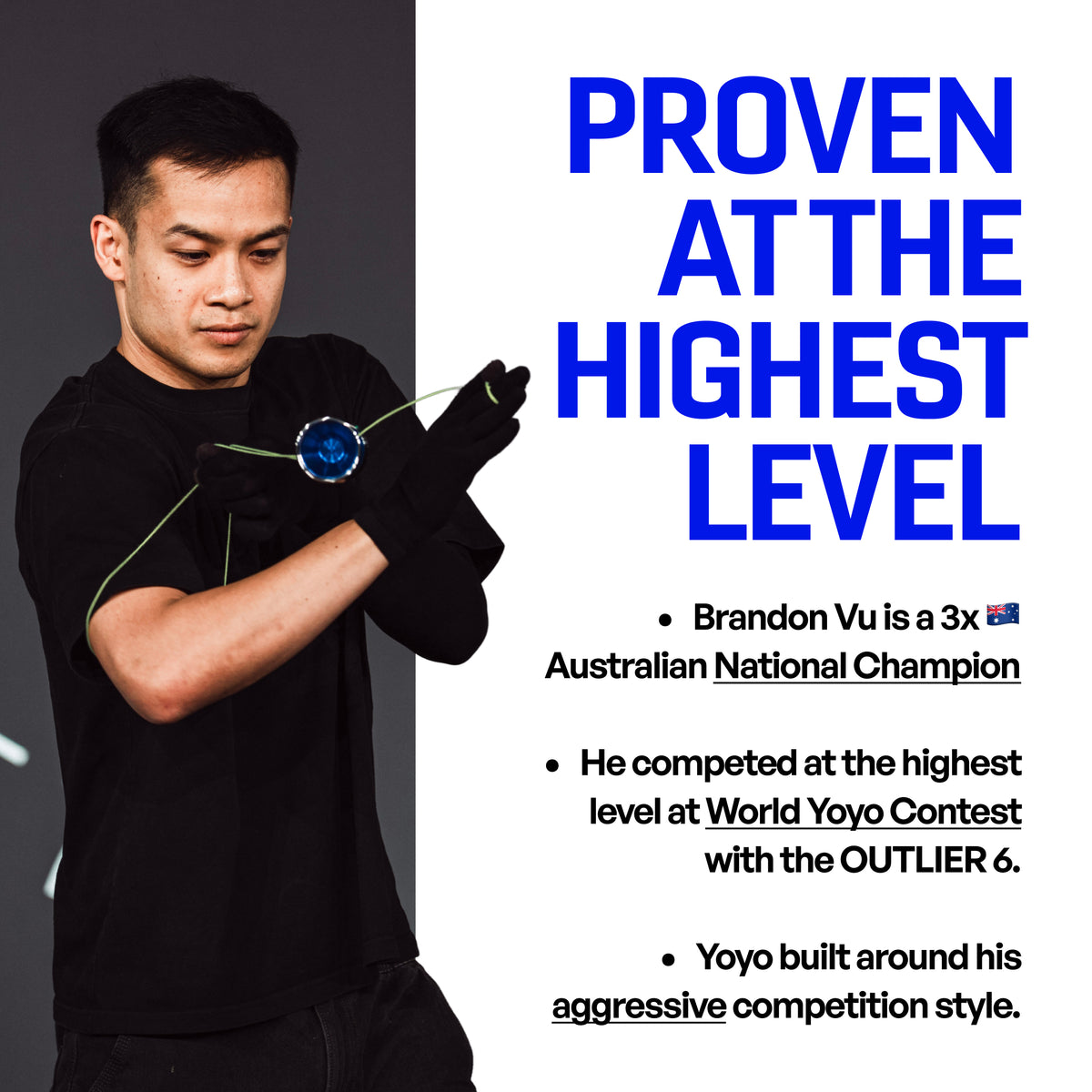 Brandon Vu, 3x Australian National Champion, competing with the OUTLIER 6 yoyo