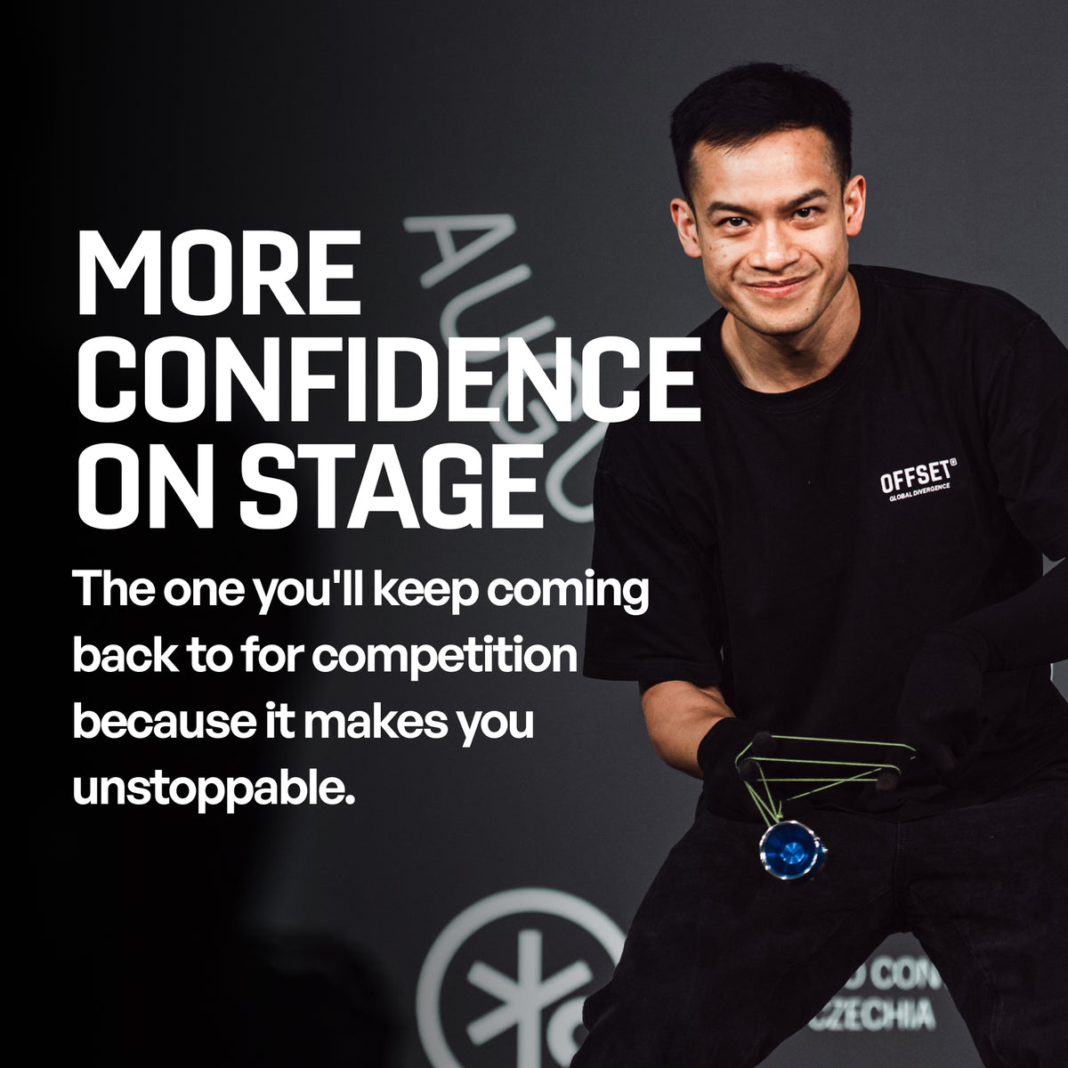 Brandon Vu holding the OUTLIER 6 yoyo in Brandon Blue backstage at a competition [hover]