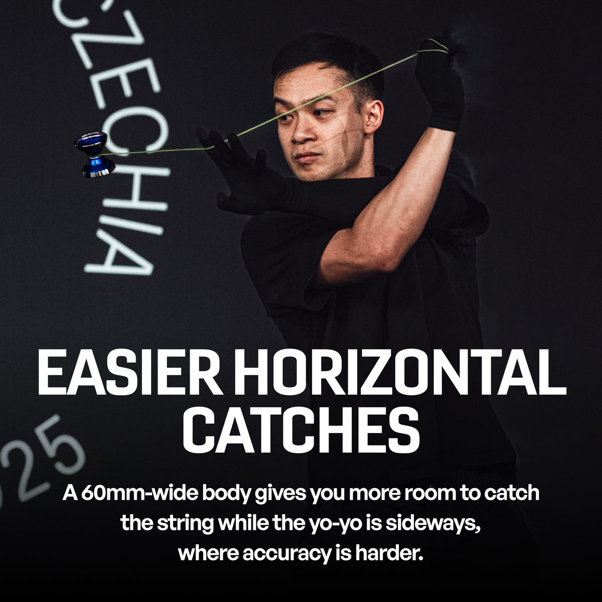Brandon Vu doing a horizontal catch with the OUTLIER 6 yoyo, 60mm width gives more room