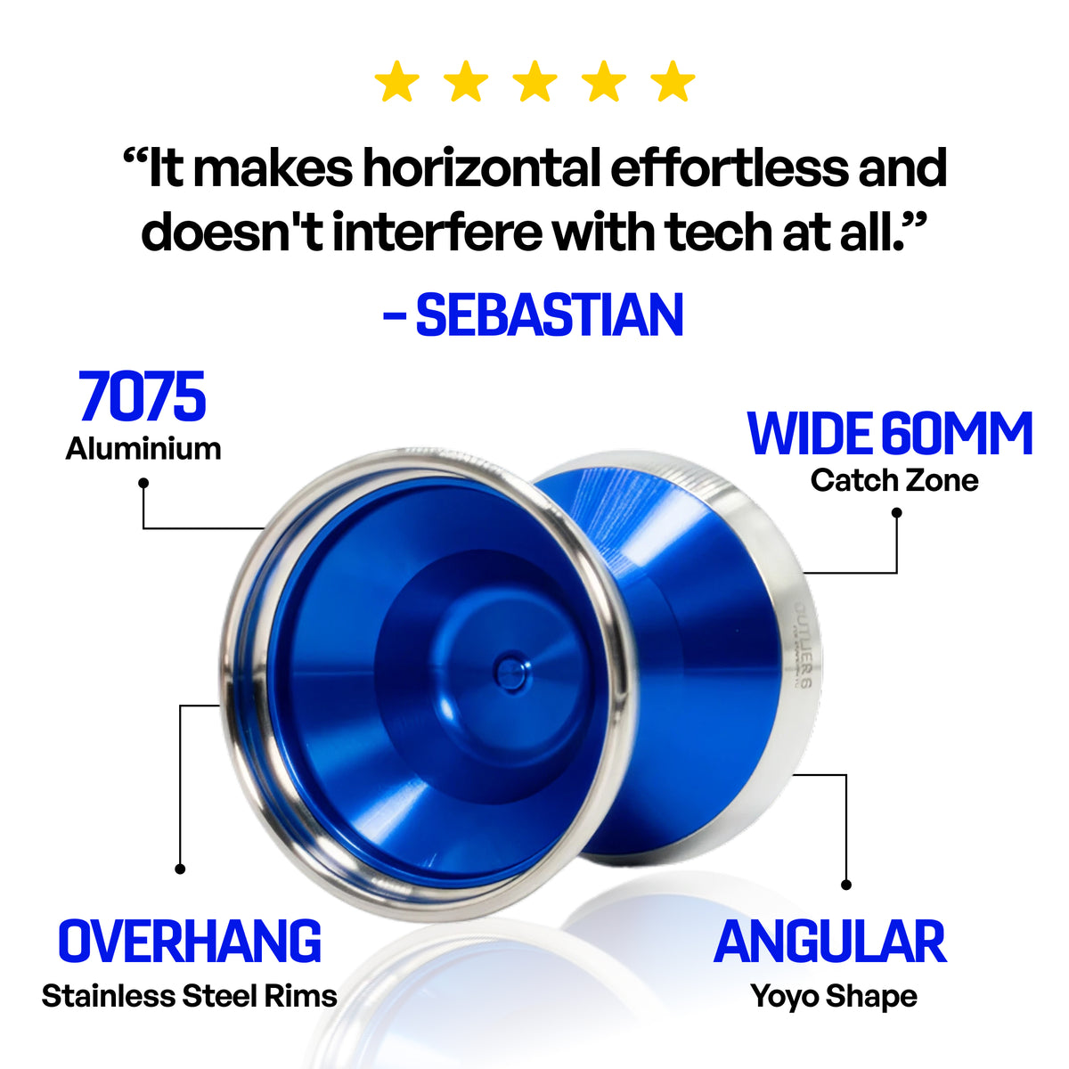 OUTLIER 6 yoyo in Brandon Blue, 7075 aluminium with overhang stainless steel rims and a 60mm catch zone