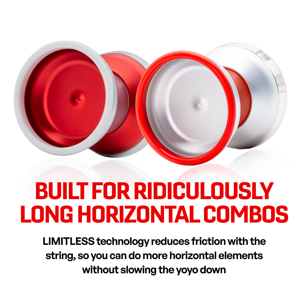 XENON SUPREME yoyos in Xavier Red and Blasted Silver, built for long horizontal combos