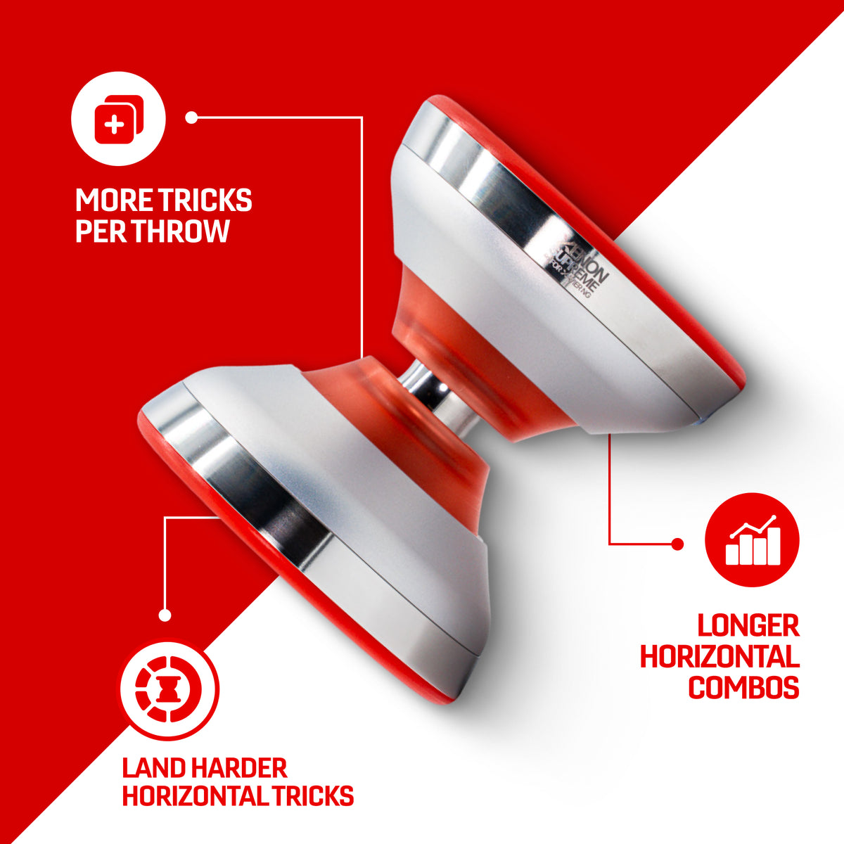 XENON SUPREME yoyo in red and white, more tricks per throw and longer horizontal combos