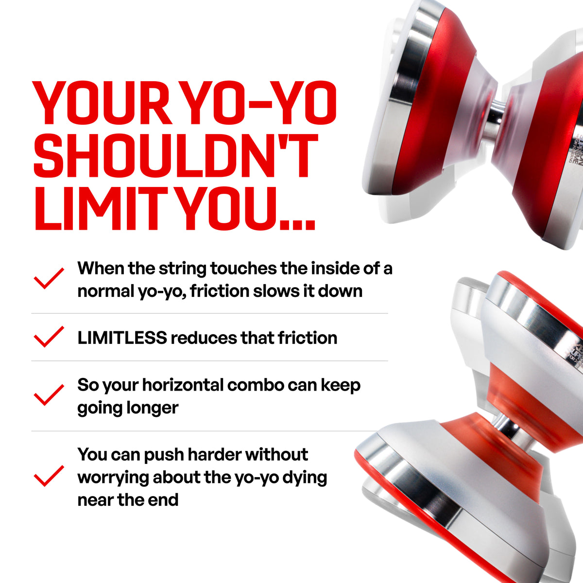 XENON SUPREME yoyo in red and white, LIMITLESS tech cuts string friction so combos last longer