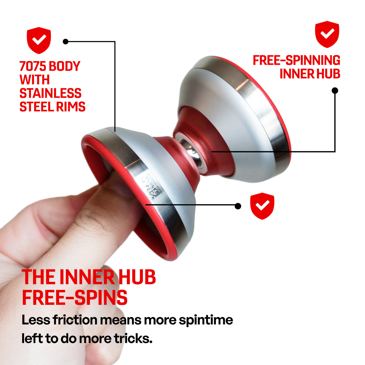 XENON SUPREME yoyo in hand, 7075 body with stainless steel rims and a free-spinning inner hub