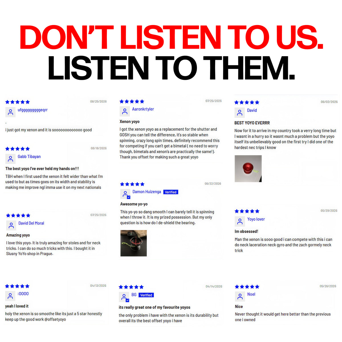 Five star customer reviews for the XENON yoyo