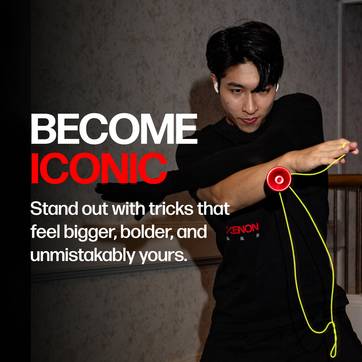 Xavier Ng doing a body trick with the XENON yoyo in Xavier Red [hover]