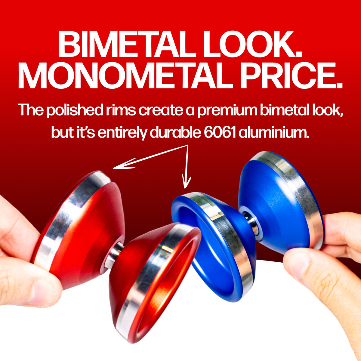 XENON yoyos in red and blue, polished rims give a bimetal look at a monometal price